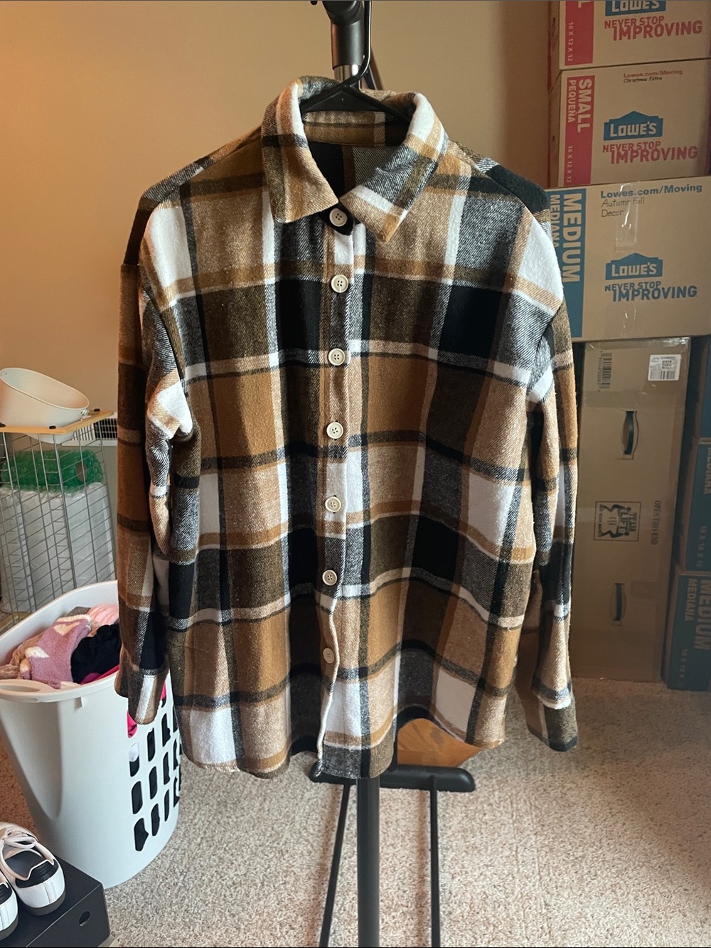 SHEIN Plaid Button-Front Shacket in Camel, Black & White